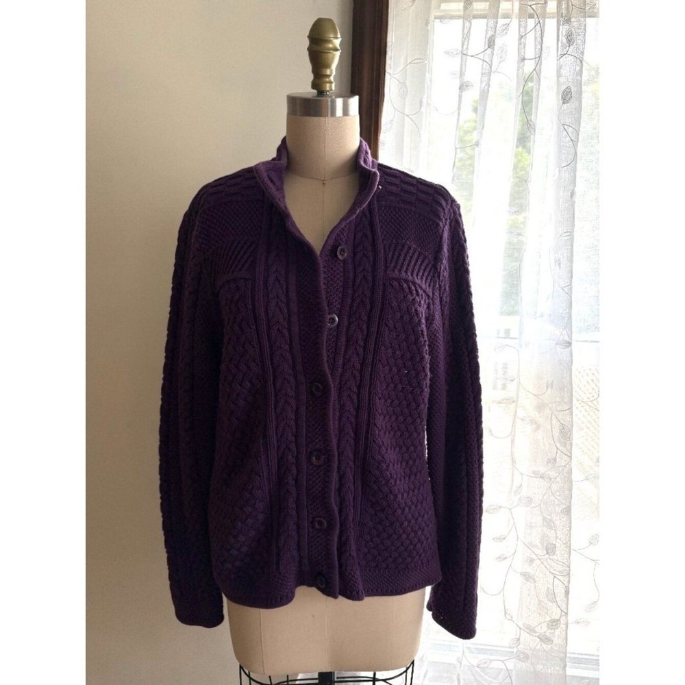 LL Bean Purple Chunky Knit Cardigan Sweater Medium Fisherman Cottagecore Thick